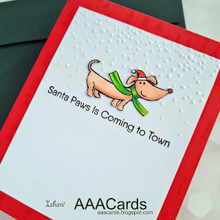 Christmas in July, Sizzix Snowfall speckles embossing folder, AAA cards, CAS card, MFT Christmas dog card, Deck the Howls, Dry embossed snow card, Quillish, clean and simple card