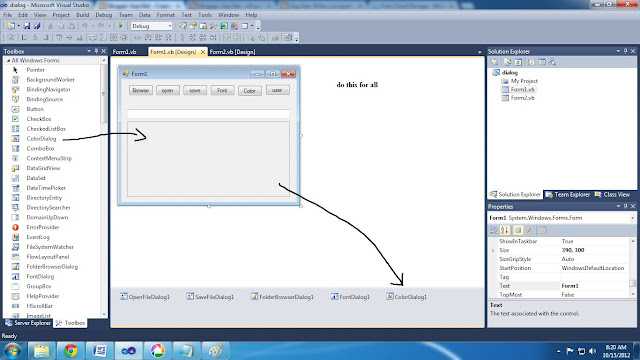 Create a VB.NET application displaying the use of dialog control. Include all the five dialog controls like OpenFileDialog,SaveFileDialog,FolderBrowserDialog,FontDialog,ColorDialog.