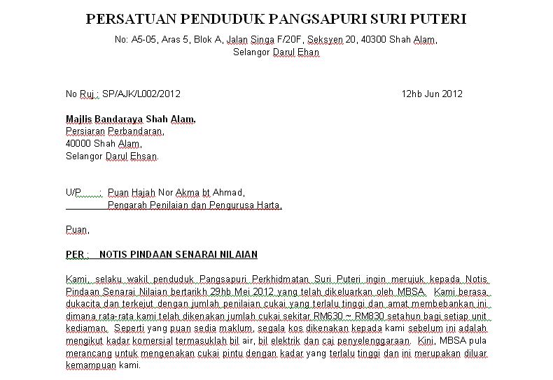 Contoh Surat Rayuan Pengurangan Bayaran Bahasa Malaysia 