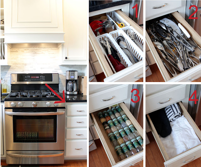 kitchen stove and drawer tower with disorganized drawers