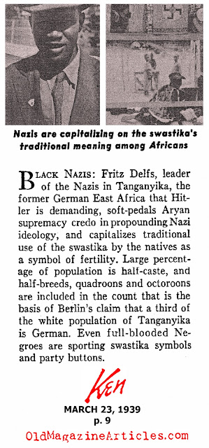 Article in Ken Magazine showing a Tanzanian man wearing a swastika pin and a flag with a swastika.