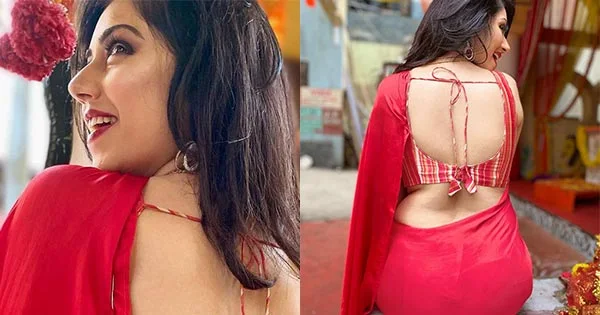 reema worah backless red saree curvy actress
