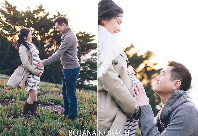 san francisco maternity session of a father to be touching and admiring the bump