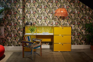 wallpaper and yellow desk