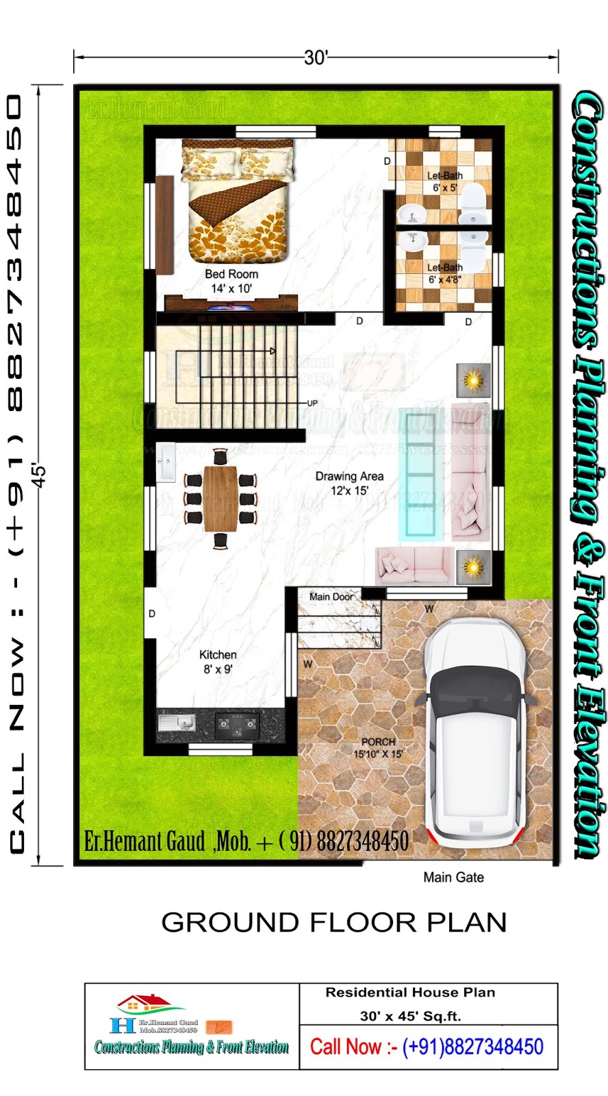 1 BHK House Plan 30'x 45' Sq.ft.