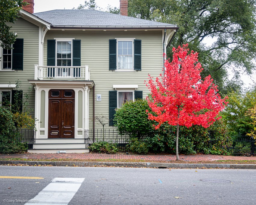 Portland, Maine USA October 2019 photo by Corey Templeton. A tree full of bright red leaves in front of the Harrison B. Brown House on Danforth Street. Mr. Brown was a successful painter of landscapes back in the 19th century.