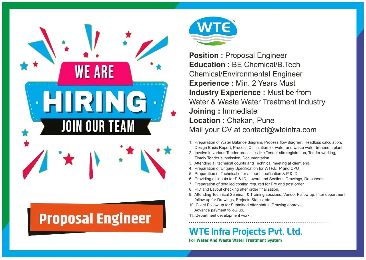 Job Availables, WTE Infra Projects Pune Job Opening For BE / B.Tech Chemical/ Environmental Engineer - Proposal Engineer