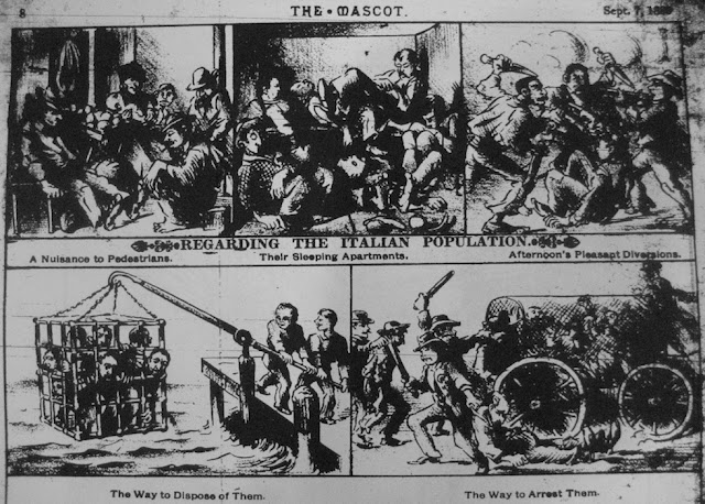 Il quotidiano di New Orleans The Mascot pubblicò nel 1888 una vignetta razzista contro gli immigrati italiani