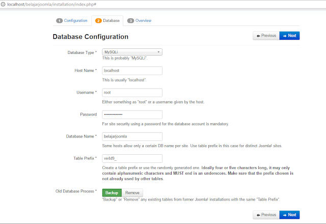 tampilan konfigurasi database joomla