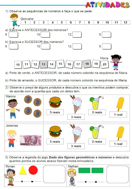 ATIVIDADES MATEMÁTICAS - Antecessor/Sucessor, Real e Figuras