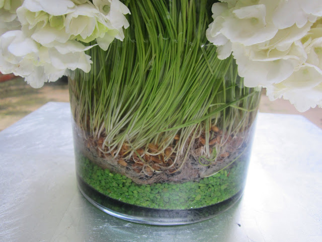 Close up of wheat grass and green sand in a flower arrangement on a metal table on a patio