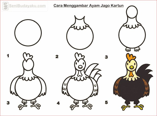 cara menggambar ayam jago kartun