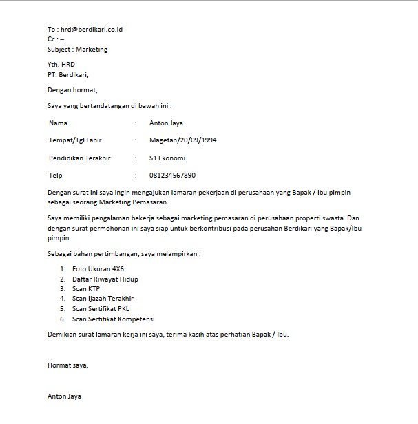 Contoh Surat Lamaran Kerja Email (via: suratresmi.id)