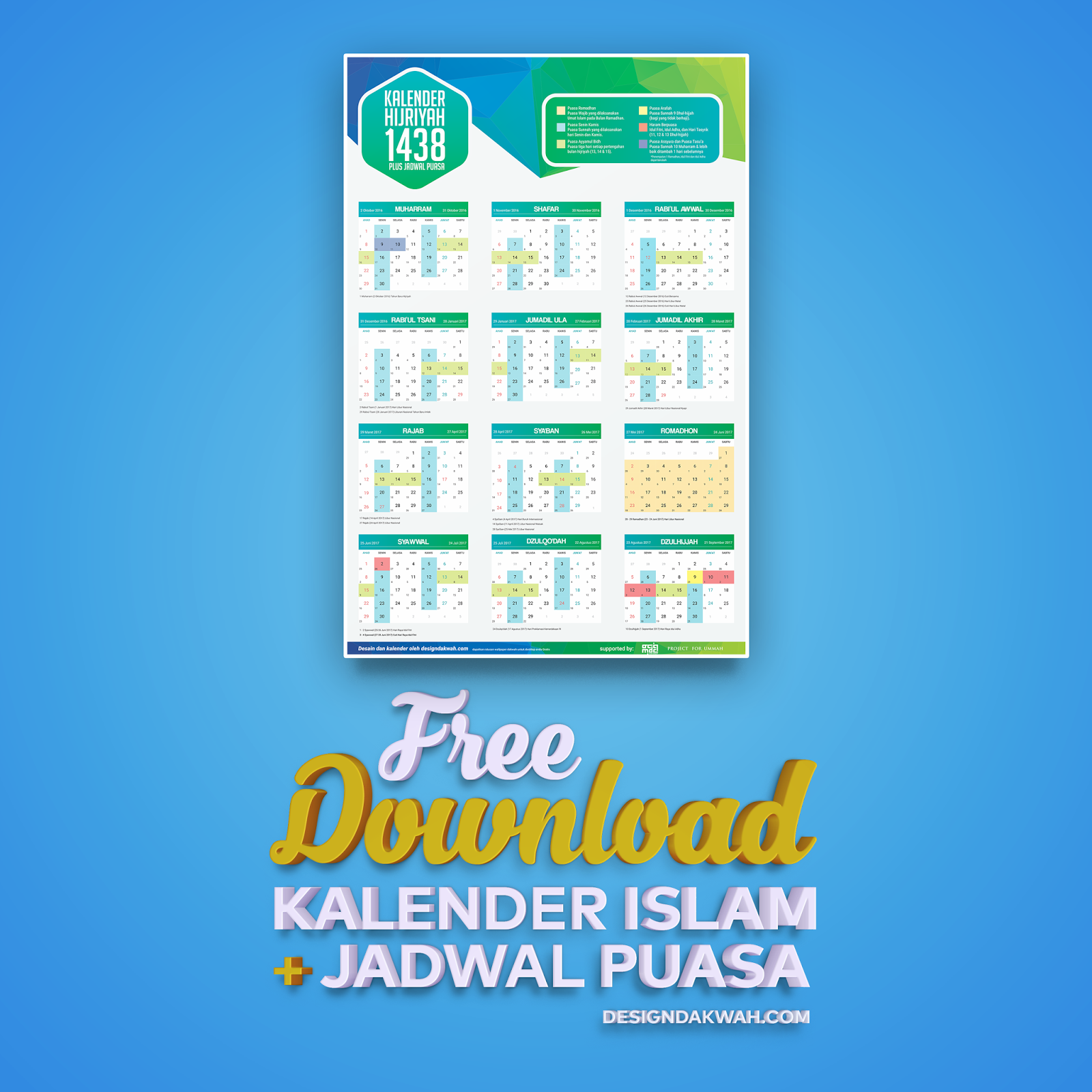 Kalender 1438 Hijriyah Gratis Download + Jadwal Puasa (Cdr 