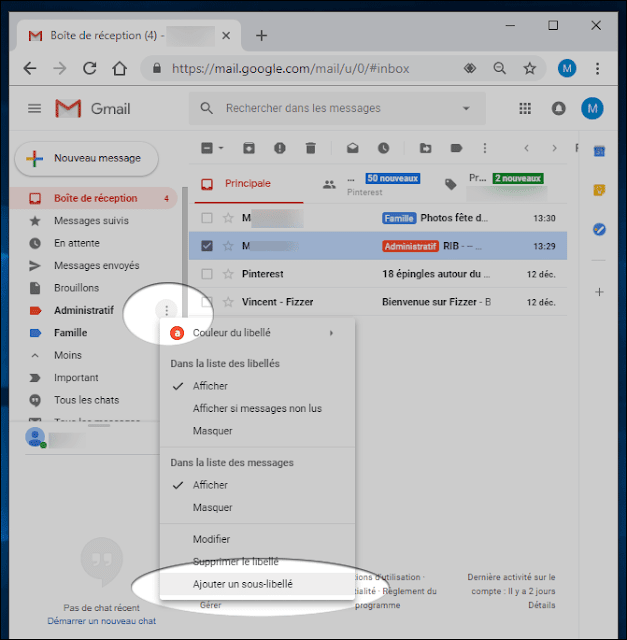 إضافة تصنيف فرعي Ajouter un sous-libellé في جيميل