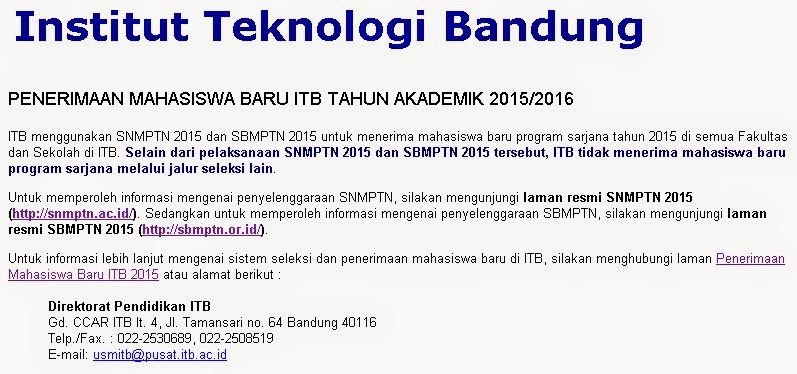 Informasi Terbaru Penerimaan Mahasiswa Baru ITB Tahun Akademik 2015/2016