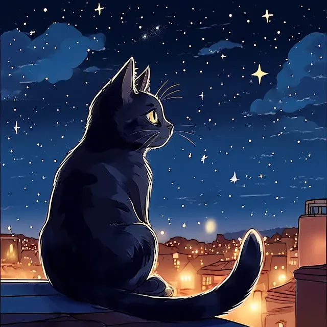 Gato sobre un tejado en la noche. Arte digital