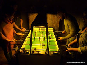 hotly contested foosball game