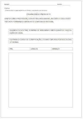 Recorte Organizando um bilhete - Atividade para alfabetização - Atividade para letramento