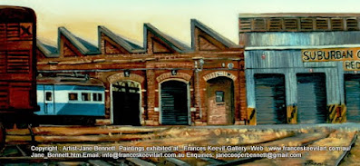 Plein air oil painting  of  trains at Carriageworks Eveleigh Railway Workshops by artist Jane Bennett