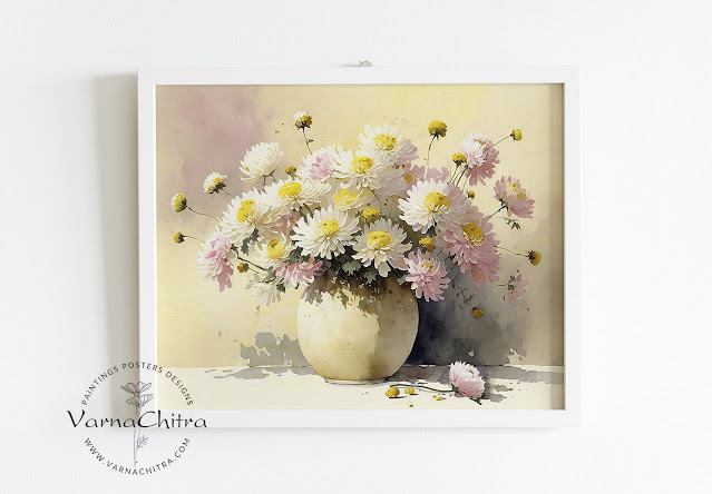 Chrysanthemum watercolor painting wall decor, November Birth Flower by Biju Varnachitra