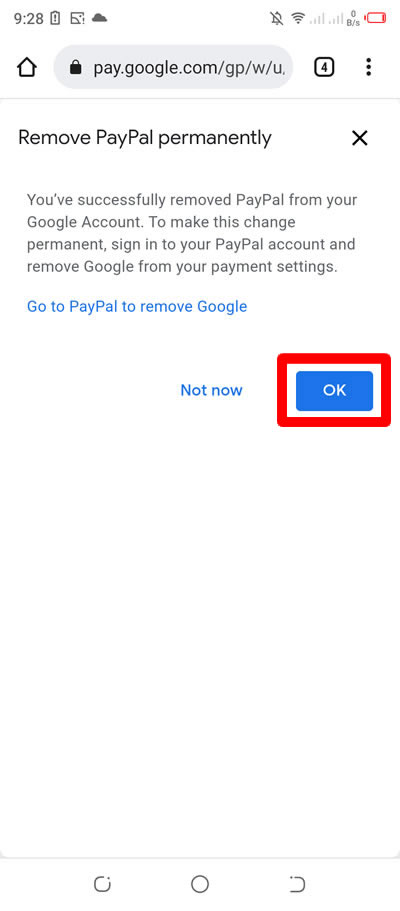 remove paypal permanently in google play payment method