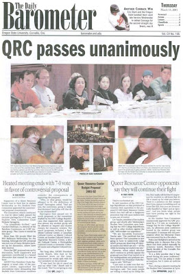 OSU Queer Resource Center headline 'QRC passes unanimously,' OSU Barometer, Mar. 15, 2001, p. 1