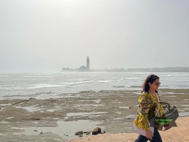 Hassan II Mosque view from across the Atlantic Ocean from El Hank Point - Cabano Beach, Casablanca, Morocco