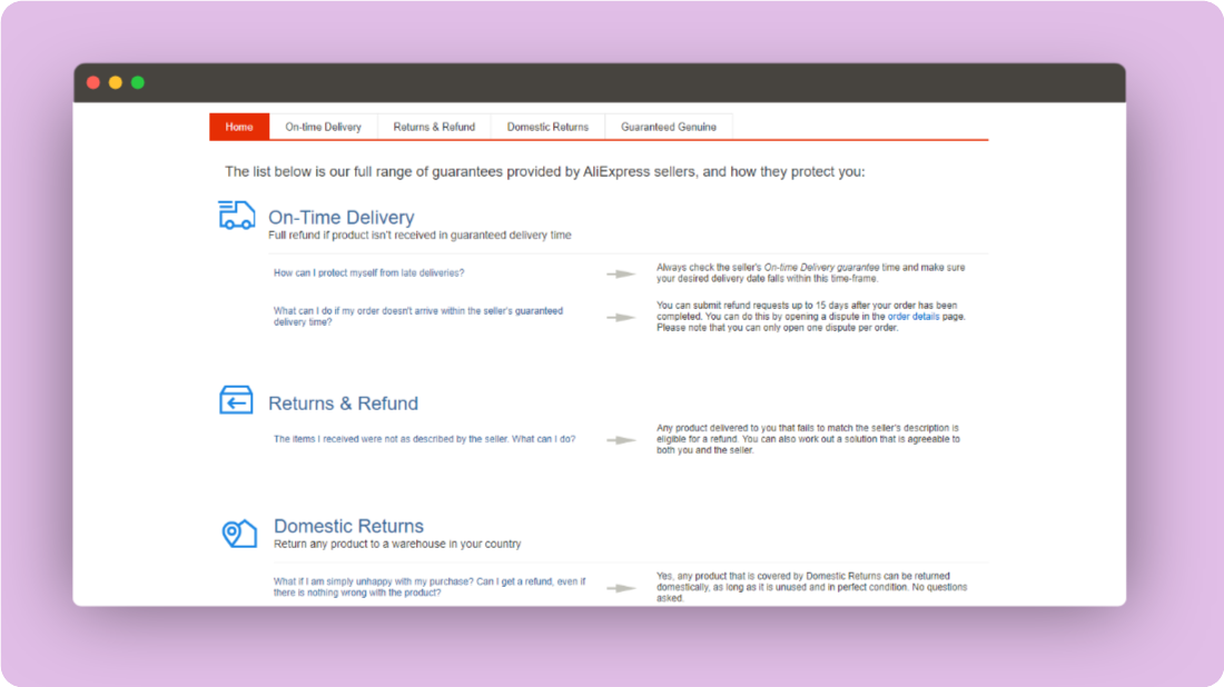 Screenshot of AliExpress website displaying seller guarantee features and promises