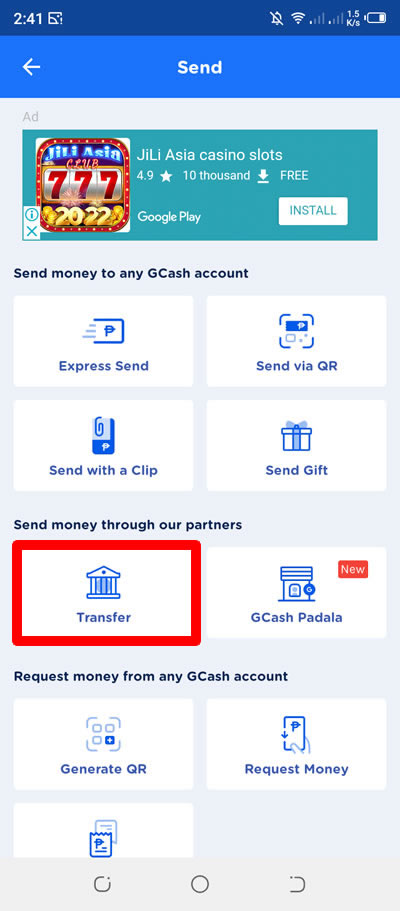 transfer option gcash