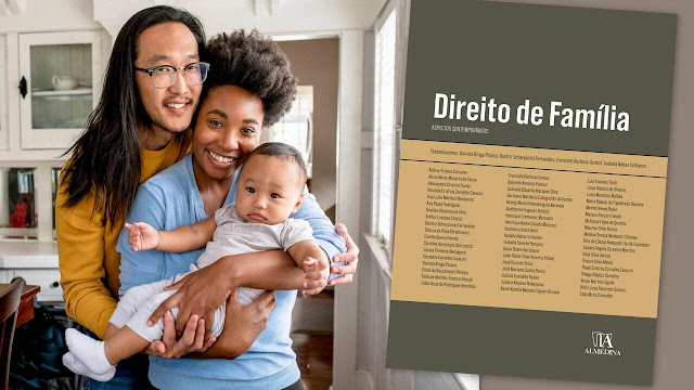 Casal com filho e capa do livro "Direito de Família: Aspectos Contemporâneos".