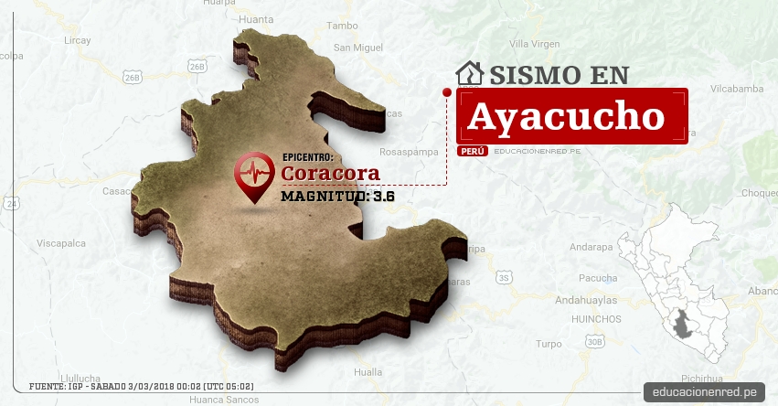 Temblor en Ayacucho de magnitud 3.6 (Hoy Sábado 3 Marzo 2018) Sismo EPICENTRO Coracora - Parinacochas - IGP - www.igp.gob.pe