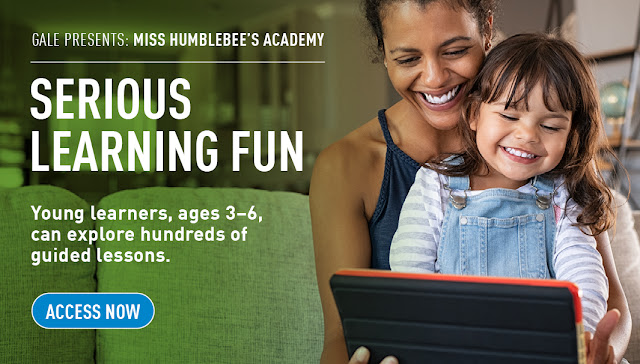 A child and a parent are sitting together while the child uses the laptop. They are both smiling. It is an advertisement for Miss Humblebee's Academy