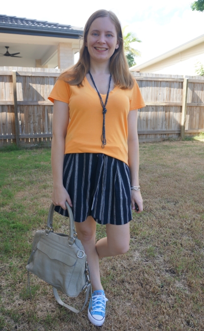 orange v-neck tee with navy striped culotte shorts and rebecca minkoff MAM | awayfromblue
