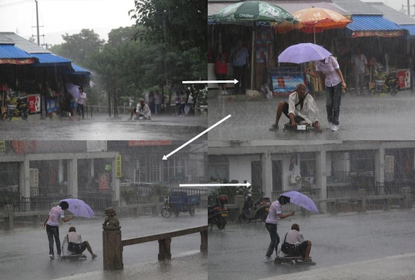 When this girl stopped what she was doing to give shelter to a disabled man in the rain.