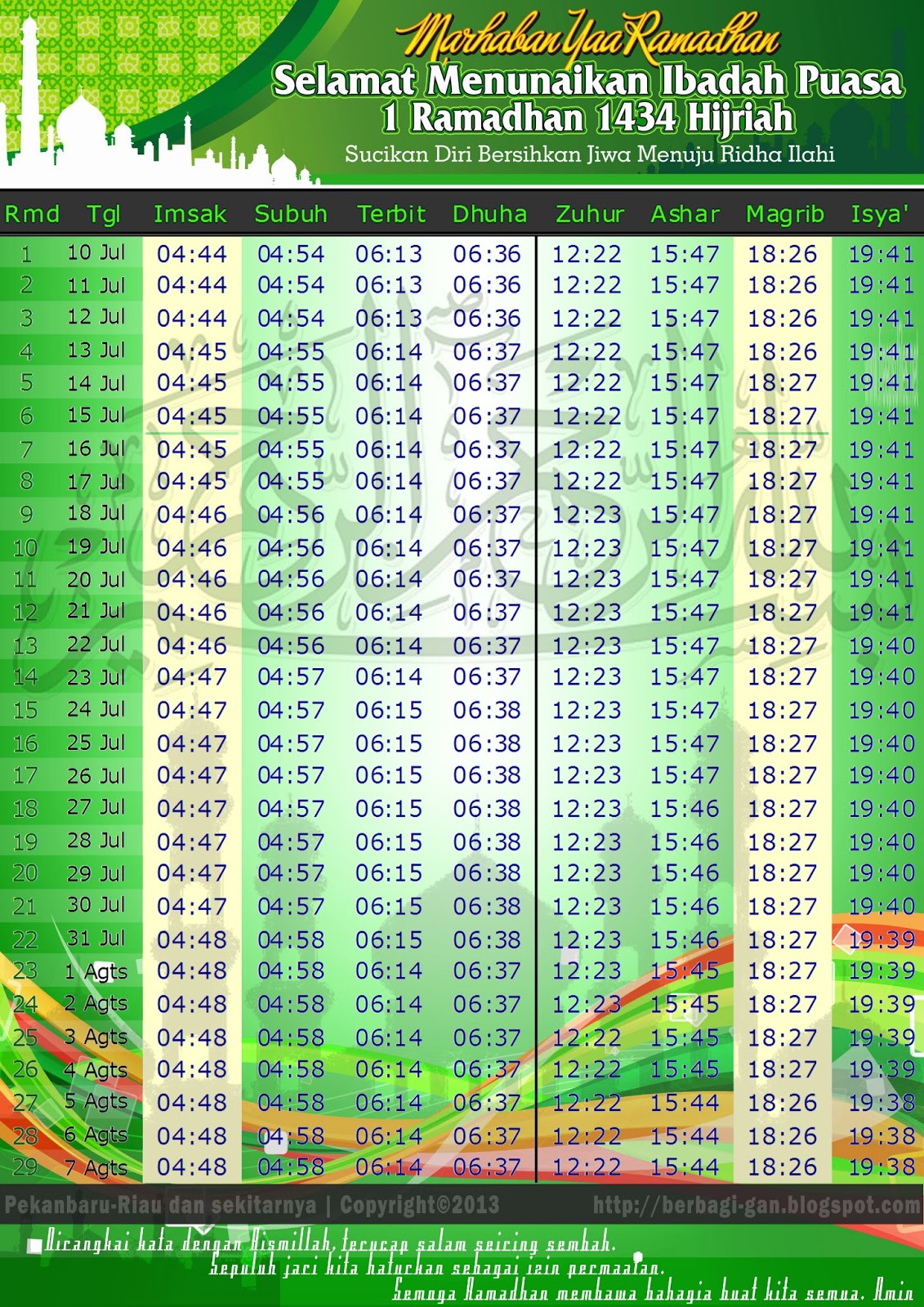Jadwal Imsakiyah Ramadhan 1434 H / 2013 M Pekanbaru - Riau 