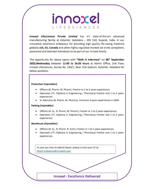Innoxel Lifesciences Walk In Interview For Fresher and Experienced B Pharm/ M Pharm/ BSc/ ITI/ Diploma in Engineering / Pharmacy