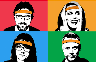 Picture of Mark Watson, Sara Pascoe, Angela Barnes, and Rufus Hound, all wearing gym-style headbands.