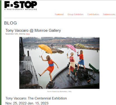 screen shot of F-Stop article on Tony Vaccaro Centennial exhibits in New York and Santa Fe with photo of 3 models with umbrellas in Finland, 1965