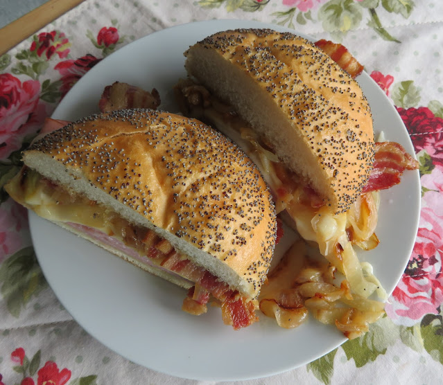 Hot Ham & Cheese Sandwich with Bacon & Caramelized Onions