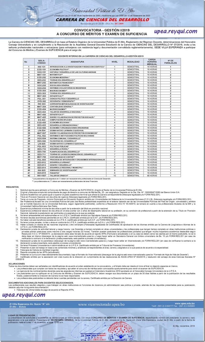 Ciencias del Desarrollo UPEA I/2019: Convocatoria para ser “Docentes Interinos” mediante Concurso de Méritos y Examen de Suficiencia