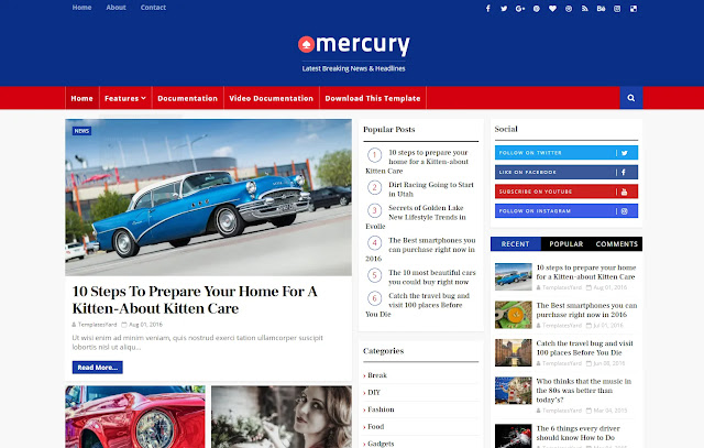 Mercury Responsive Magazine News Portal Blogger Template Theme