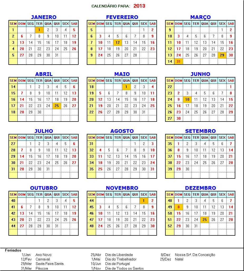 Calendário 2017 com feriados nacionais estaduais e webcid