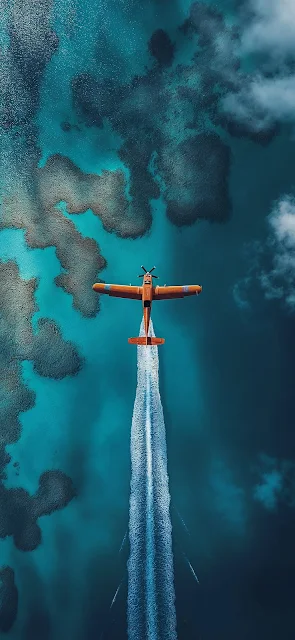 Red Seaplane Over Tropical Waters 4K Wallpaper – Ocean Sky View