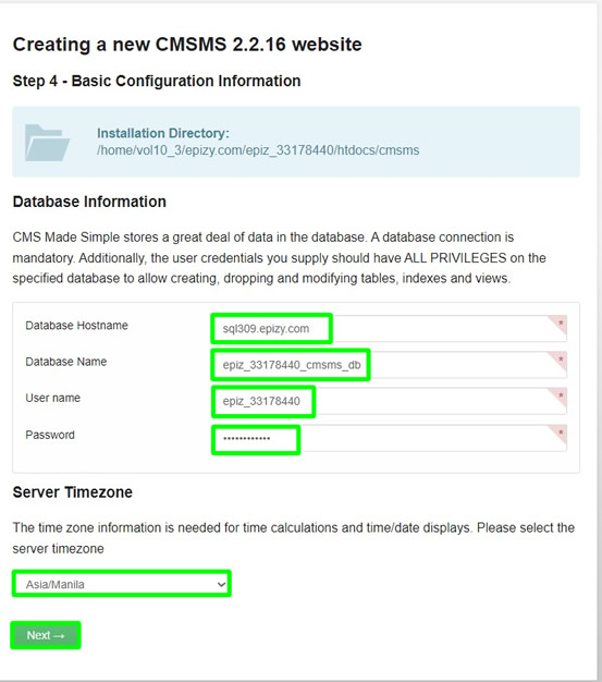 cmsms installation database information and time zone