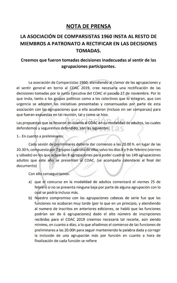 Propuesta de calendario de la asociación del comparsista 1960