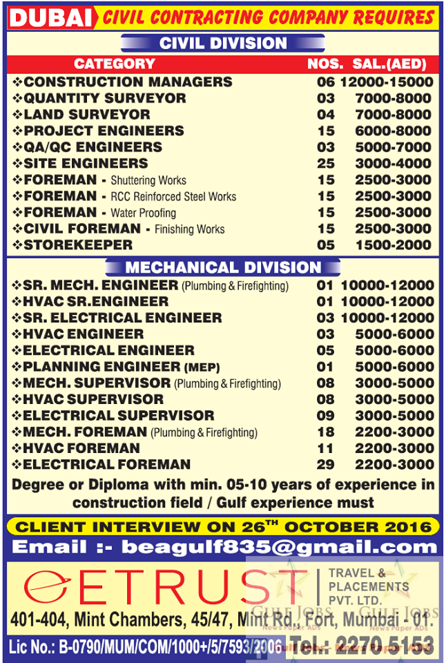 Contracting company jobs for Dubai