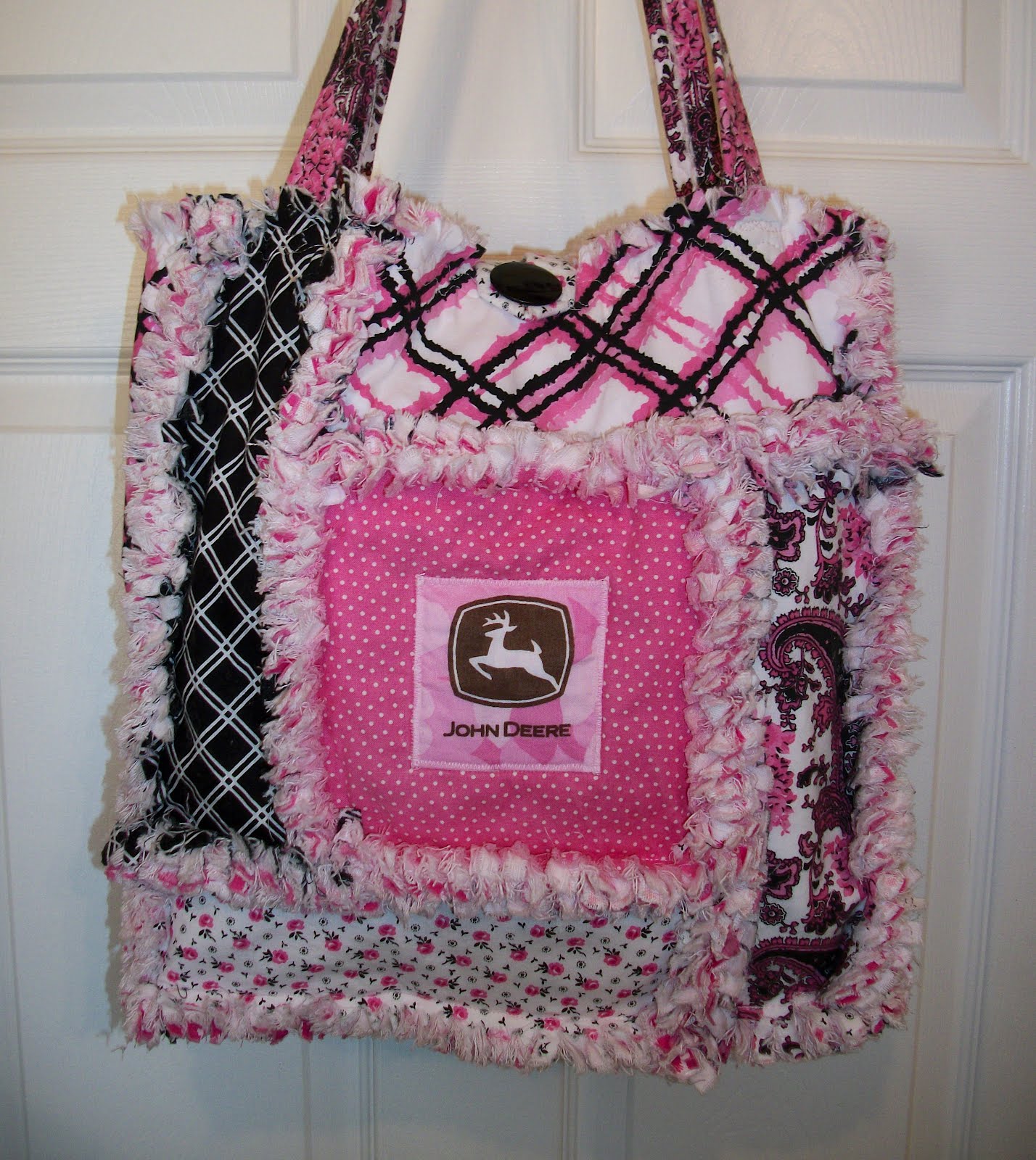 Pink and black John Deere Rag Quilt bag  tote