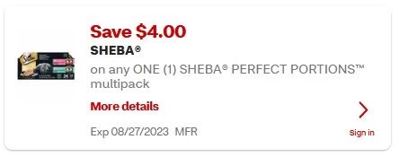 $4.00/1 SHEBA® PERFECT PORTIONS™ multipack CVS APP MFR Digital Coupon (go to CVS App)