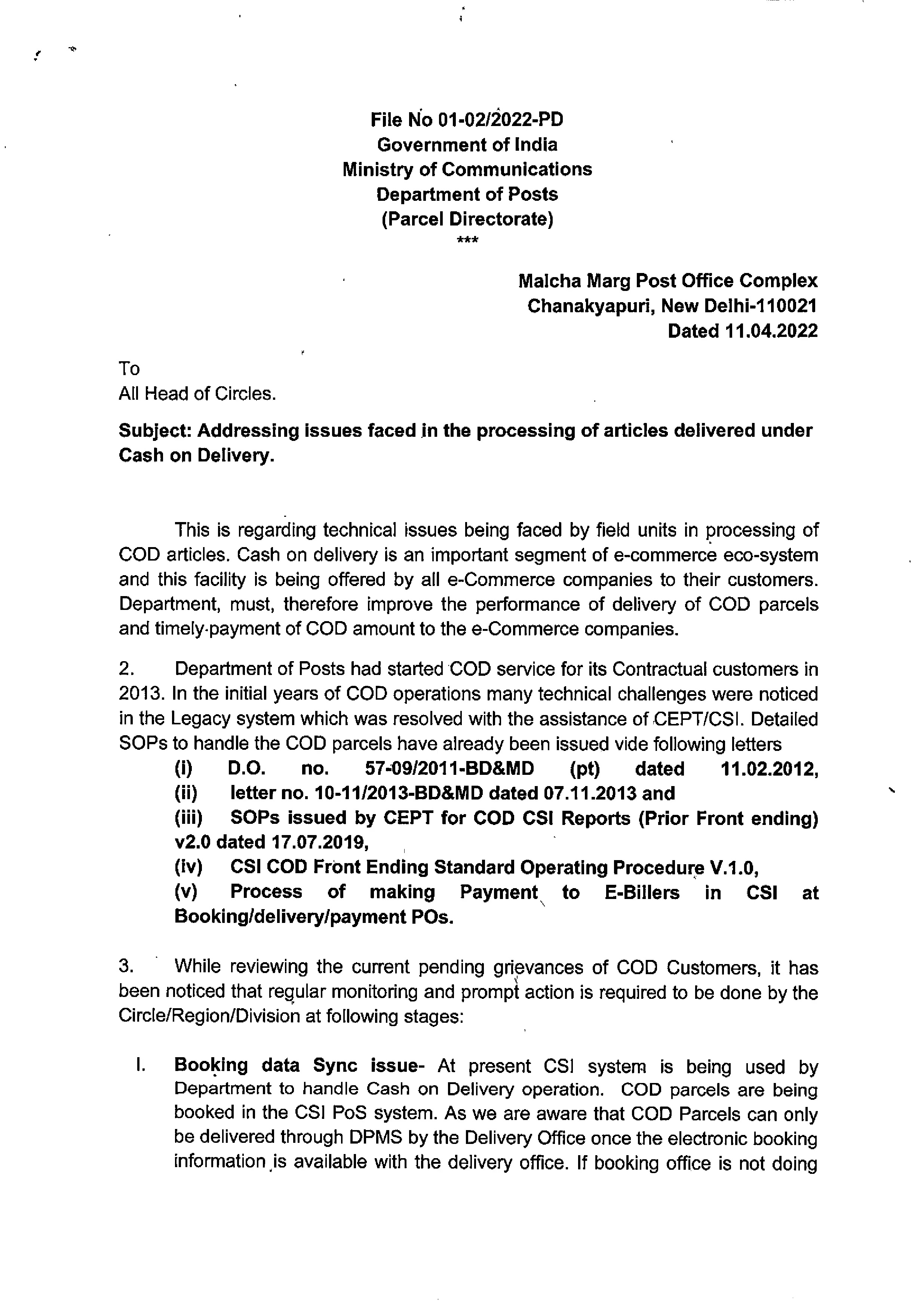 
Post Office COD Articles Issues  | Addressing issues faced in the processing of articles delivered under Cash on Delivery (COD)
